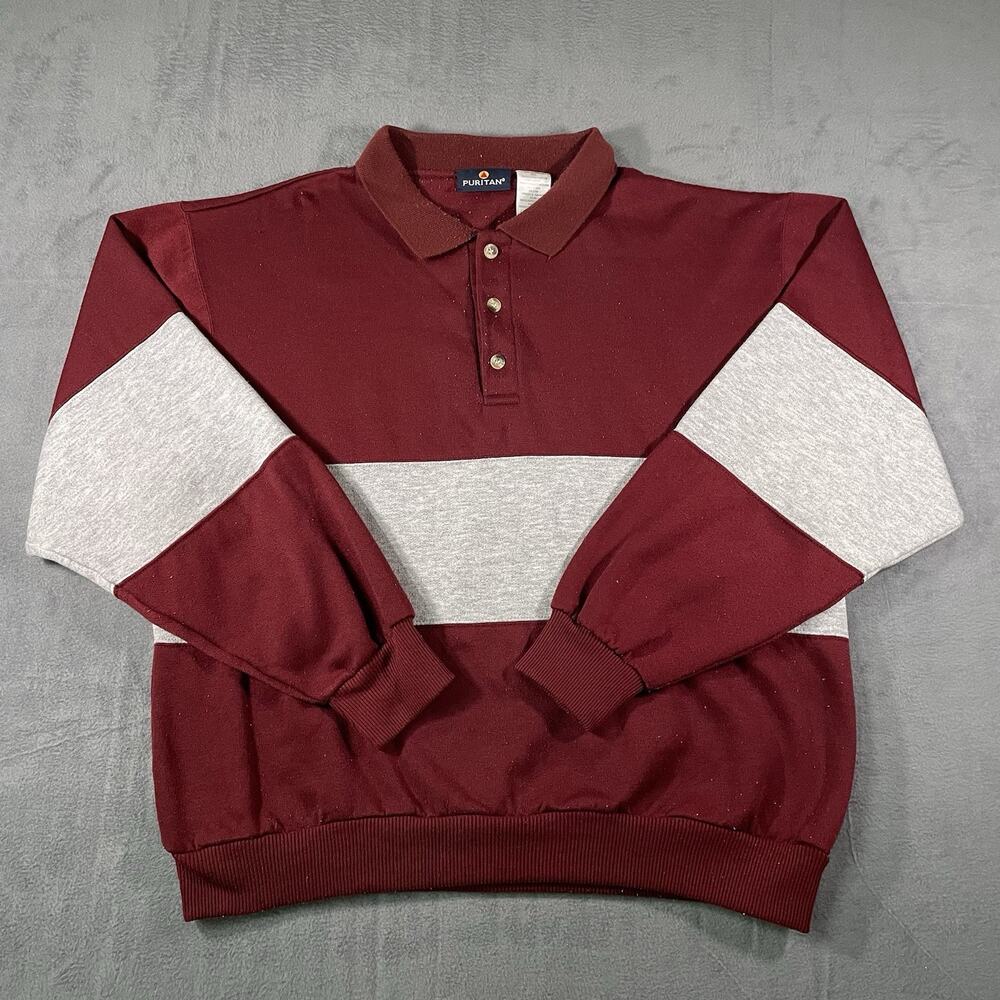 Puritan Y2K Polo Sweatshirt Burgundy Gray Colorblock Rugby Pullover Men’s Size L